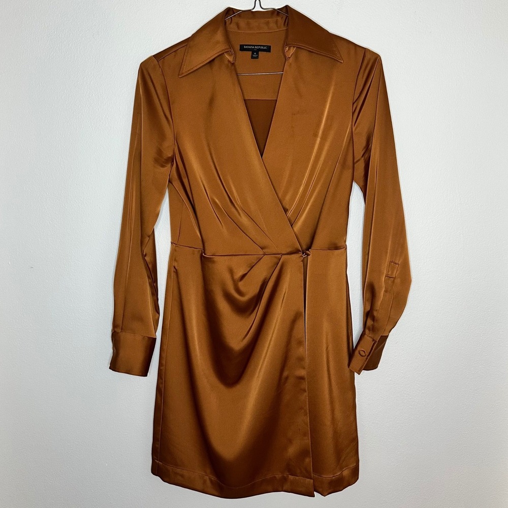 Banana Republic Women Wrap Dress Satin Rust Orange Size 6 Midi After 5 Work